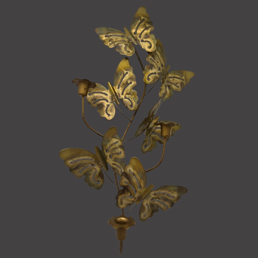 Retro Vintage Brass 3 Taper Candle Wall Sconce Butterflies 1970s Wall GrannyCore